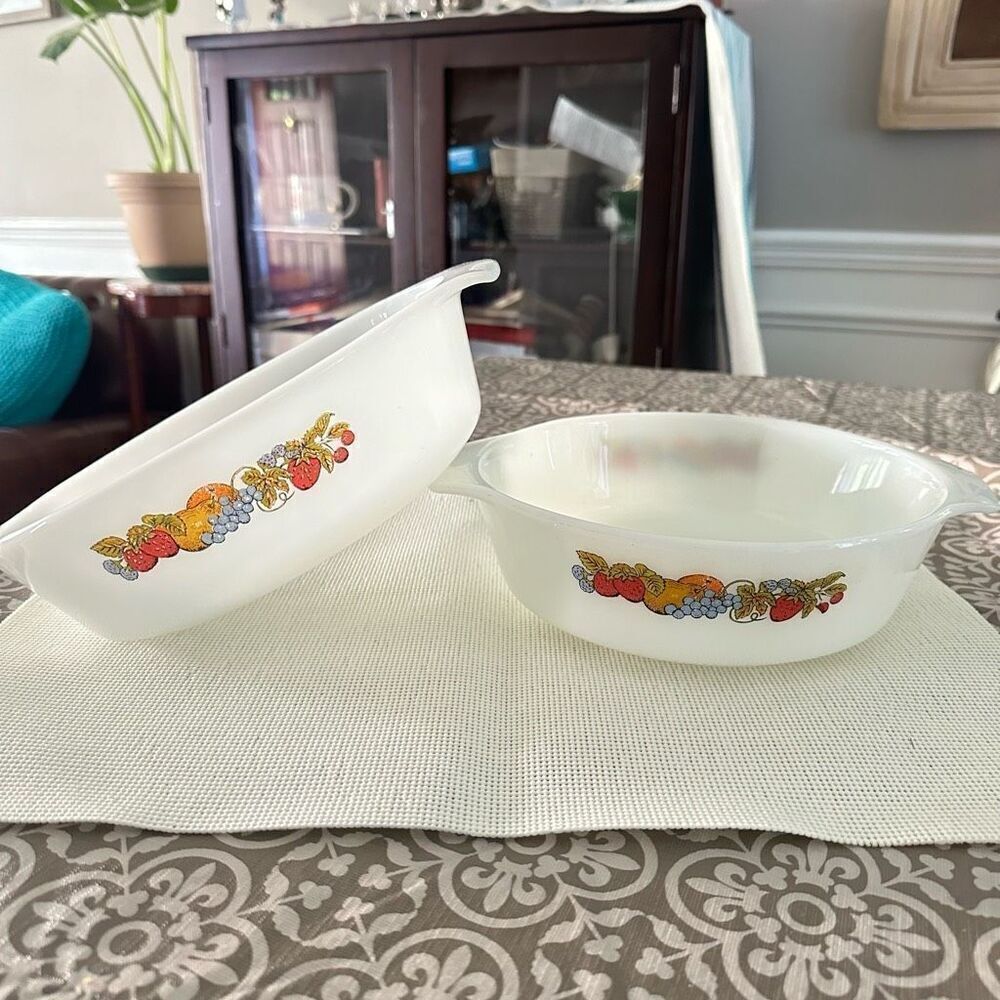 Anchor‎ Hocking Fire King Oven Proof 2 Pc Round & Oval Dish Fruit Prints Vintage